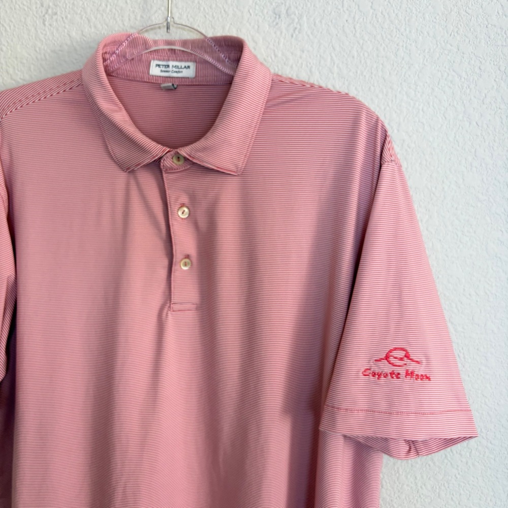 Peter Millar Summer Comfort Pink Red Stripe Coyote Moon Logo Golf Polo Mens L